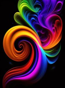 Fractal art. Black background with multicolored ribbon spiral coming from bottom left and spiraling to the left. Blue, purple, pink, orange and yellow are the main colors. Above the spiral, on the upper right are other color ribbons coming up and folding on itself. These colors are blue, green, yellow, pink, purple, red, orange.