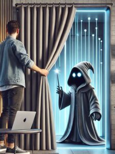 A man is facing a curtain which he has pulled back and exposed a dark ai-looking wizard. 